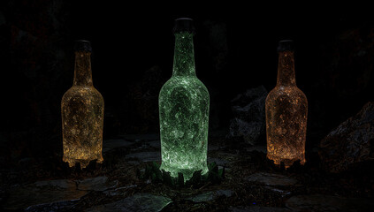 Three mysterious stone bottles glowing in darkness