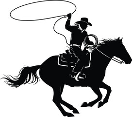 Dynamic cowboy silhouette riding galloping horse with swirling lasso, western ranch action scene illustration showing strength, motion, tradition, and authentic wild west lifestyle