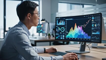 Man analyzing financial data graphs and charts on computer screen in modern office - Powered by Adobe