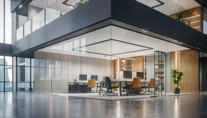 Ultra-modern corporate office interior with clean minimal design, large glass windows, soft natural lighting, neutral color tones, professional workspace layout, subtle reflections, premium business a