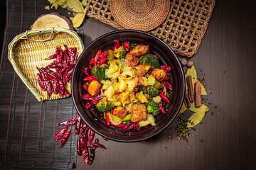 A spicy stir-fry with tofu or meat, crispy potato slices, broccoli, and dried chili, garnished with sesame seeds and surrounded by rustic spices.
