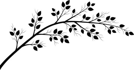 Elegant leafy tree branch silhouette with delicate twigs and natural foliage, decorative vector illustration for design elements, botanical artwork, nature themed graphics