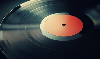 Vinyl record close-up with detailed grooves and bright orange label, evoking retro analog music, classic lp nostalgia and sound ambience