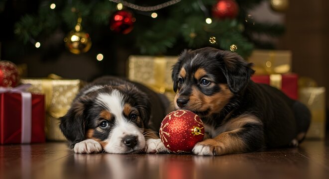 Two bernese mountain dog puppies resting near christmas tree with red and gold wrapped gifts below it