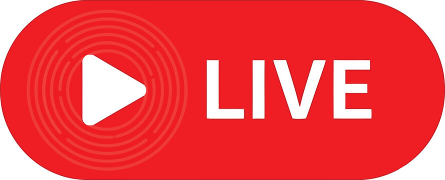 Red live streaming play button icon for online broadcast video content and broadcast concept vector