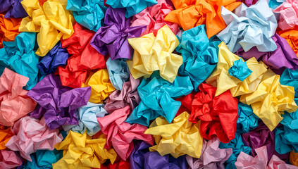Colorful crumpled paper arrangement in varied shapes