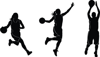 Female basketball players silhouette vector set, woman athlete in dynamic action poses, dribbling, jumping, and shooting ball, professional sport competition, game, and active lifestyle graphic art.