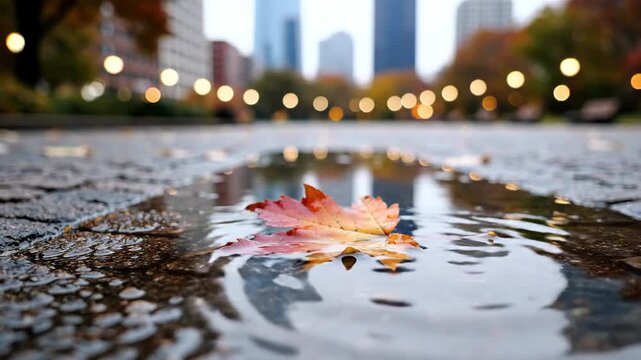 Autumn leaf floating on wet pavement reflection of city skyline and lights