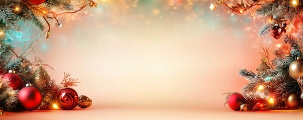 Holiday decorations creating a festive frame. Christmas tree branches forming a border with illuminated ornaments and copy space