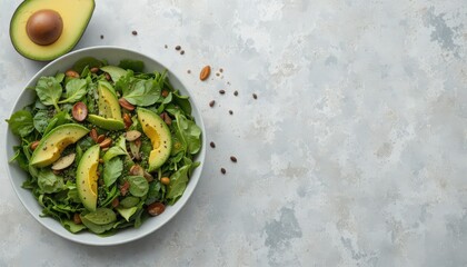 A fresh and healthy green salad with sliced avocado, almonds, and quinoa seeds in a white bowl