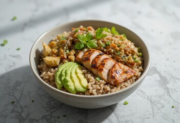 A balanced and healthy power bowl featuring sliced grilled chicken breast, fan-sliced avocado, and a bed of grain (possibly couscous or bulgur) topped with lentils and fresh herbs