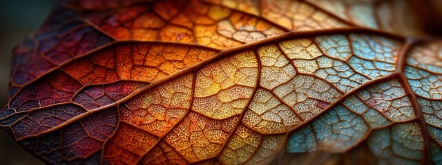 Close-up of a Colorful Leaf with Intricate Vein Patterns and Vibrant Autumn Hues