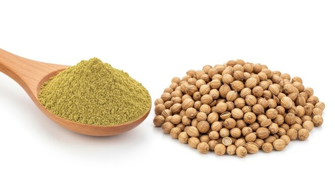 Coriander seeds and ground powder on white, fresh culinary spice.