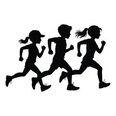Silhouettes of three children running together in a race