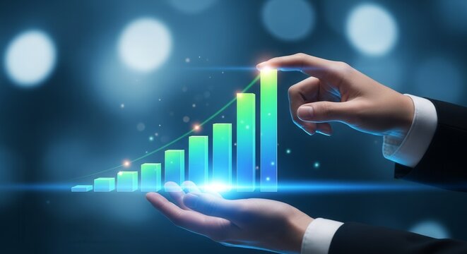 Digital Growth Charts Depicted in Hand, Showcasing Business Progress and Financial Success