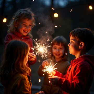 Children on new year's eve playing with sparklers and fireworks enjoying their childhood in the backyard of their home vertical children's day firecracker new year's eve firecracker holiday celeb