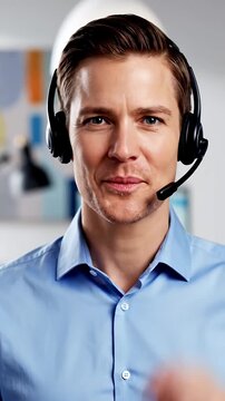Professional young man smiling wearing a headset with a microphone for customer service help desk or online support conveying excellent communication and assistance