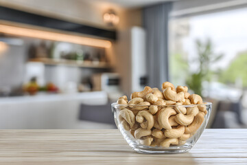 Cashews in a glass bowl on a blurred background of a modern kitchen