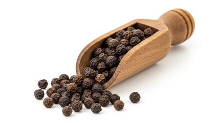 Black peppercorns spilling from a wooden scoop on a white background