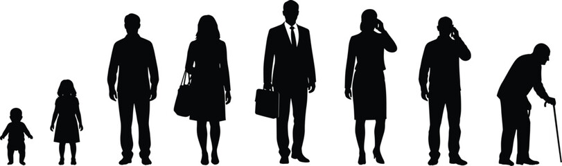 Human life cycle stages silhouette vector illustration set showing people from baby, child, young adult, businessman, to elderly person with a cane, representing aging process.