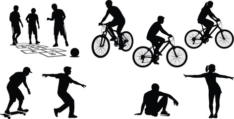 Black vector silhouettes of people enjoying diverse summer activities like riding bicycles, playing hopscotch, and skateboarding, symbolizing health, fitness, and outdoor fun recreation