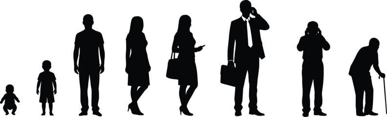 Human life stages silhouette progression showing growth from infancy to old age, diverse male and female figures, timeline evolution concept vector illustration for education and demographic studies