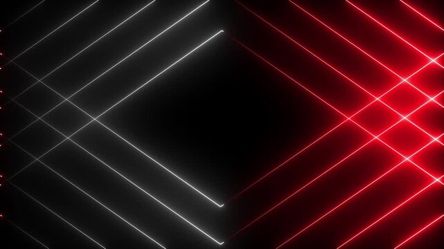 Glowing white and red color cyan neon lines moving diagonally to form a square at the center, smooth loop. 4k animation video