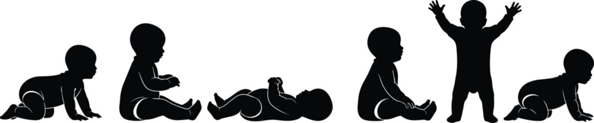 Infant motor development stages, crawling, sitting, standing, baby growth milestones, silhouette sequence, physical progress, early childhood movement, vector illustration
