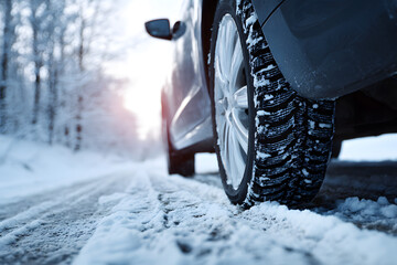 Close-up of a car's winter rubber tire on snow