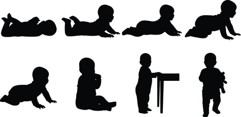 Infant Development Stages Baby Milestones Crawling Sitting Standing Walking Newborn Child Growth Learning Silhouette Vector Illustration Set Isolated on White Background