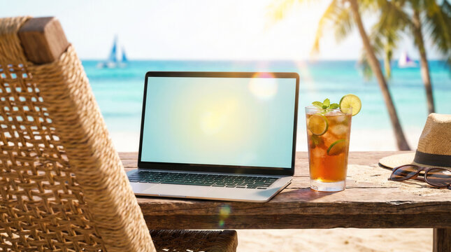 Laptop On Wooden Table At Tropical Beach Remote Work Concept