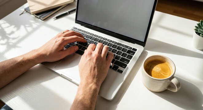 Male Hands Typing On Laptop Keyboard With Coffee Home Office