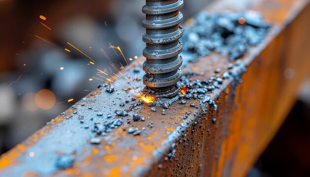 A close-up view captures a drill bit creating sparks and drilling into a rusty metal beam during a construction project.