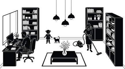 Living room silhouette vector, family multitasking scene, home activity illustration, black and white design, modern lifestyle, domestic interior artwork