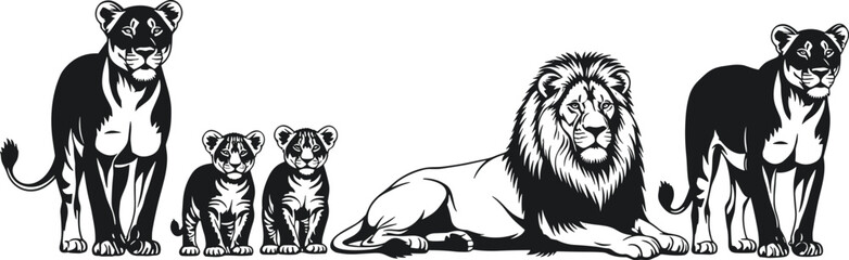 Lion family silhouette, black vector illustration, wild animal pride, lioness and cubs, majestic male lion, isolated wildlife art, nature concept