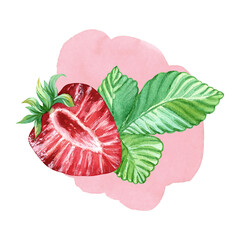 A red, juicy strawberry with a green leaf against a pink splash of strawberry juice or yogurt. A beautiful berry design. Summer red berries. Sweet ripe strawberry. Hand drawn watercolor illustration