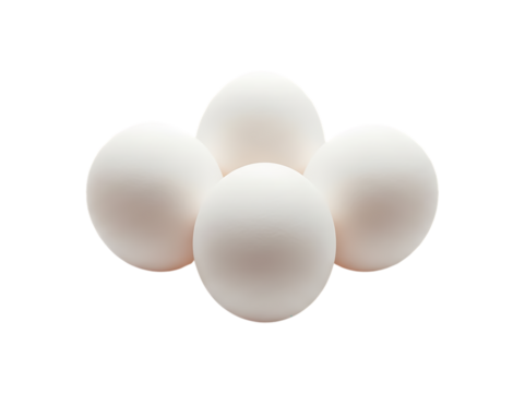 Four white chicken eggs clustered together isolated on a transparent background white egg food