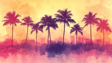 Sunset silhouettes of palm trees and city skyline