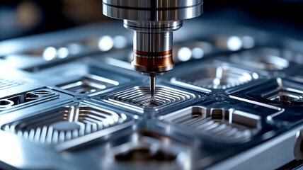 A CNC five-axis milling machine is precisely machining a metallic component on its table