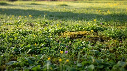 Dewy green grass and small wildflowers in morning sunlight