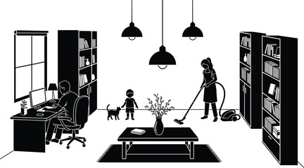 Modern home silhouette, multitasking family, working from home, vacuuming, child and pet, cozy interior, domestic lifestyle, vector illustration, black and white