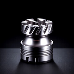 A five-axis CNC machine head is lowering the cutting tool onto a component on the rotating table