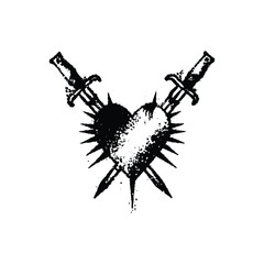 Black and white grunge illustration of a thorny heart pierced by a sword in retro vintage style