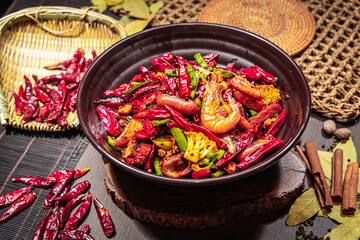 A spicy stir-fry with shrimp, sausage, chili, broccoli, and garlic, served in a dark bowl with rustic spices.