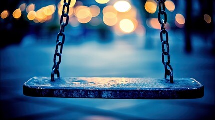 Close-up of an empty swing seat with chains, set against a blurred background of bokeh lights, suggesting a tranquil evening in a park.