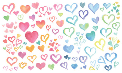 A vector illustration filled with pink and blue watercolor hearts