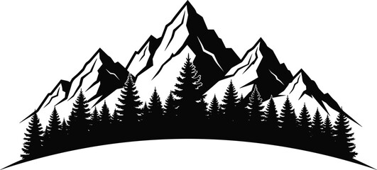 Rugged mountain peaks over pine tree forest silhouette vector illustration, nature landscape graphic, hiking, adventure, camping, wilderness travel, and outdoor environment design element concept.