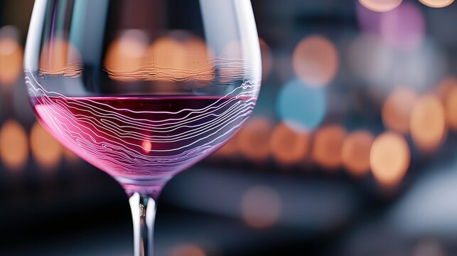 A close-up shot of a wine glass filled with red liquid, featuring an abstract design, set against a blurred background with bokeh lights.