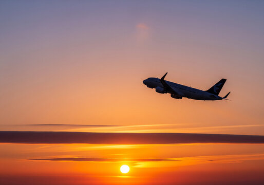 airplane flying at sunset