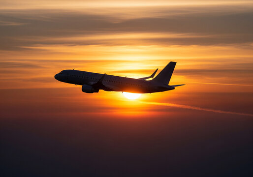 airplane flying at sunset